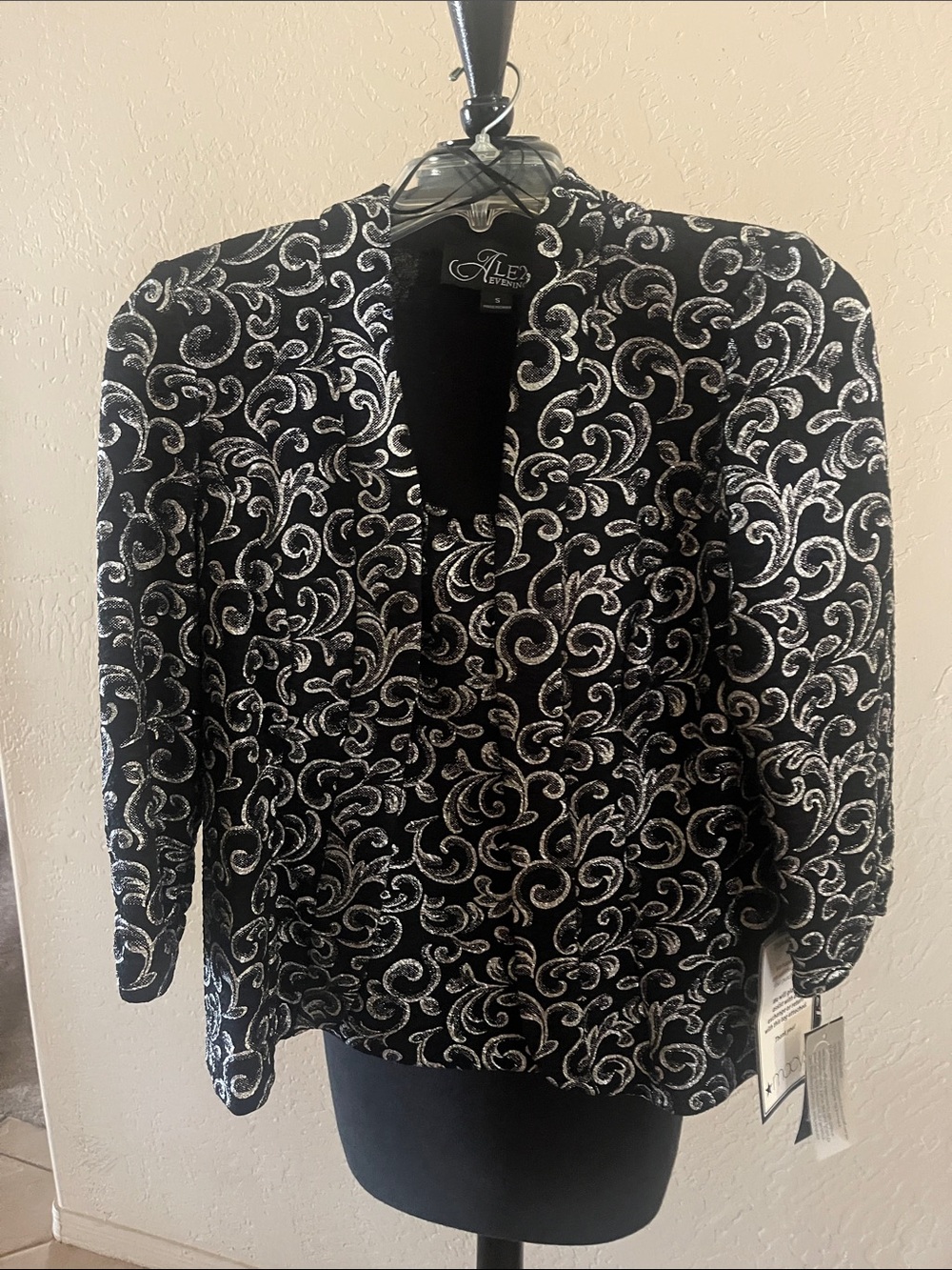 Alex Evenings Black Top with Silver Scroll Embellishment